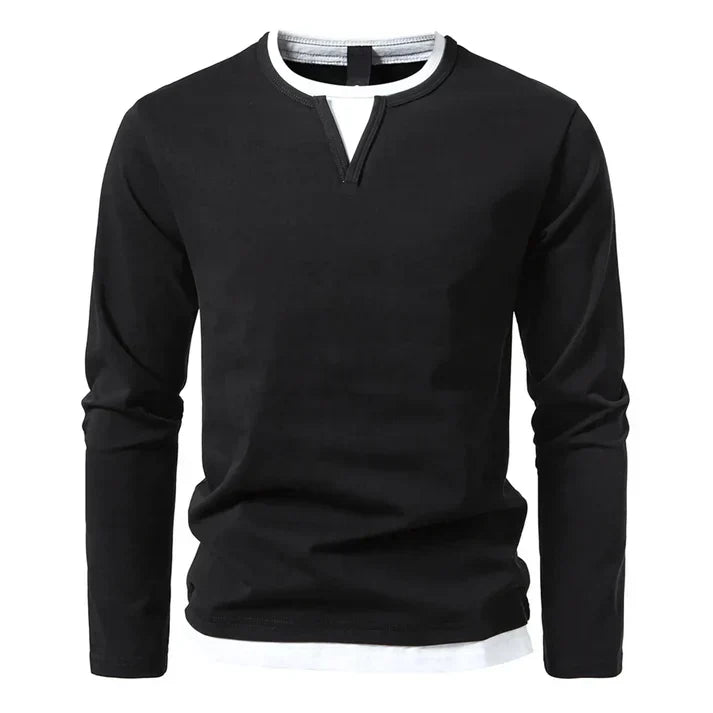 Dunkelgraues Fake-Layering Longsleeve mit V-Schlitz