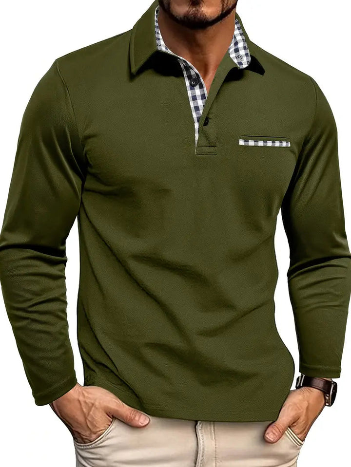 Graues Langarm-Poloshirt mit Karomuster-Details
