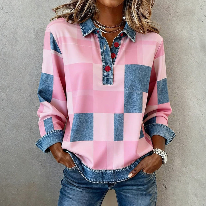 Karierte Damenbluse mit Jeans-Details in Rosa/Blau