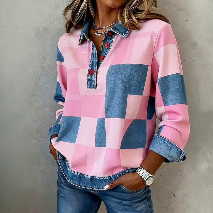Karierte Damenbluse mit Jeans-Details in Rosa/Blau