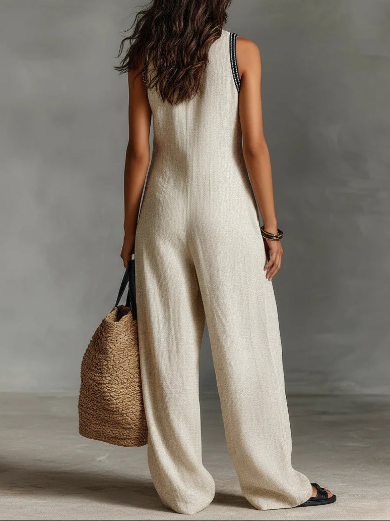 Jumpsuit in Leinenoptik mit Stickerei-Bordüre