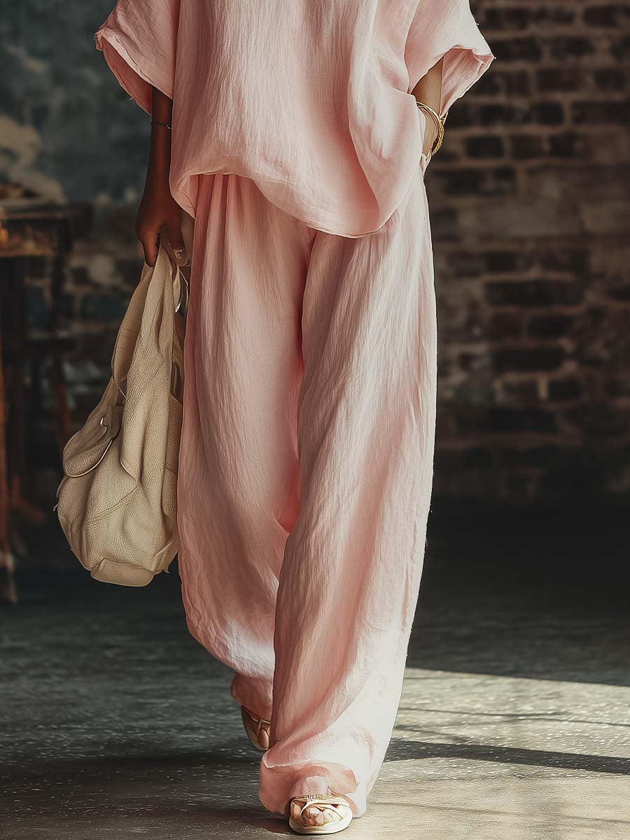 Zweiteiliges Set mit V-Ausschnitt-Top und weiter Hose
