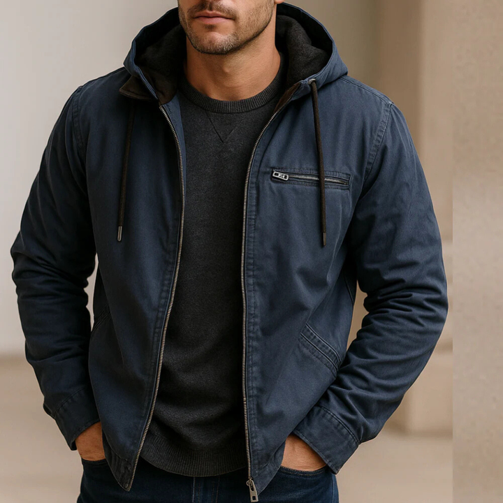 Dunkelblaue Kapuzenjacke mit Brusttasche