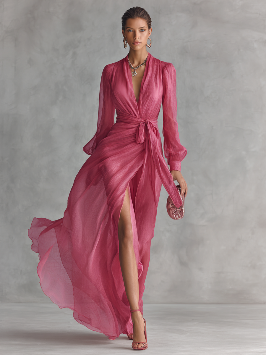 Elegantes Maxikleid in Wickeloptik Fuchsia
