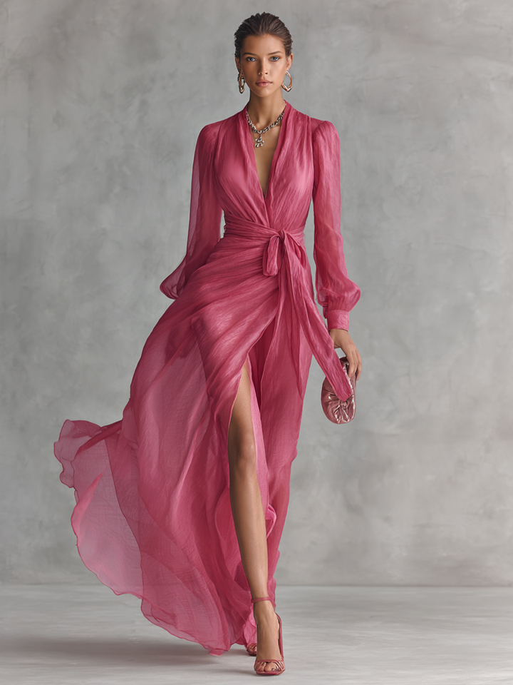 Elegantes Maxikleid in Wickeloptik Fuchsia