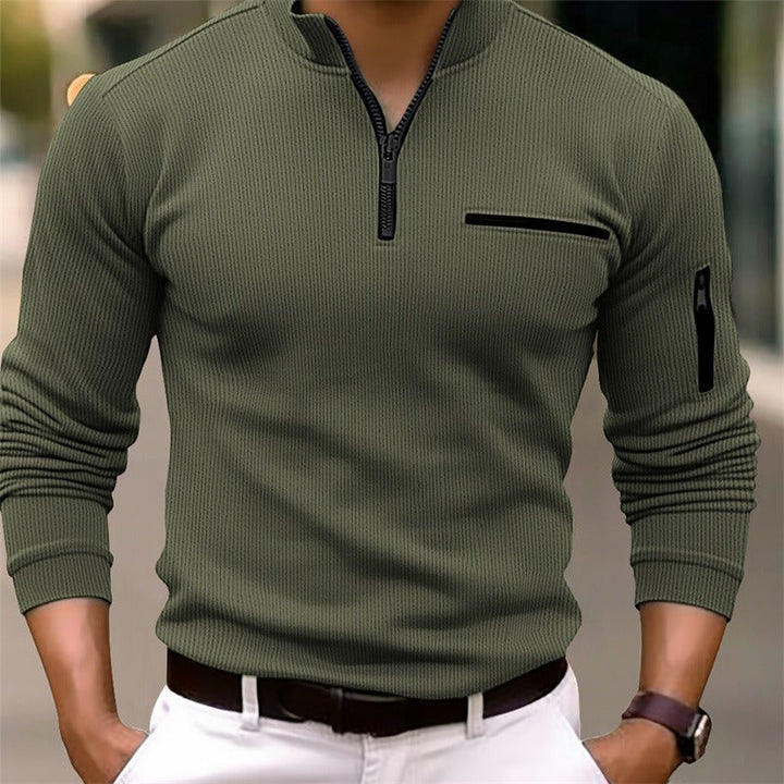 Gerippter Half-Zip Pullover mit Kontrast-Details in Grau