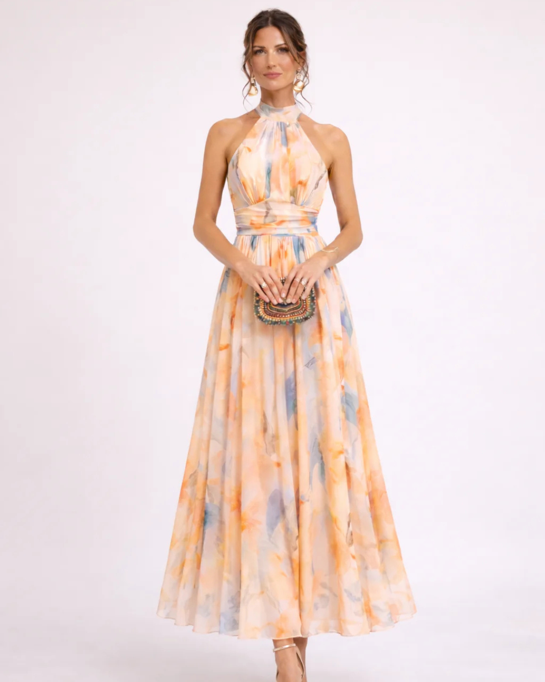 Elegantes Maxikleid mit Halfter-Ausschnitt und Print in Orange/Blau