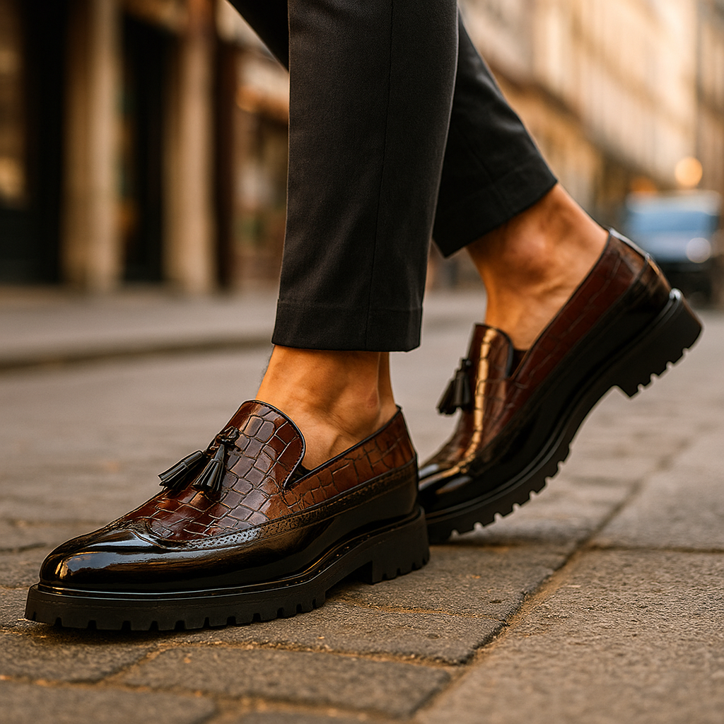 Chunky Tassel Loafer mit Krokodil-Prägung und Lackleder