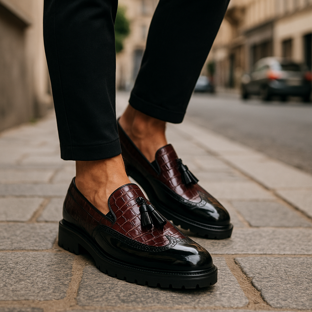 Chunky Tassel Loafer mit Krokodil-Prägung und Lackleder
