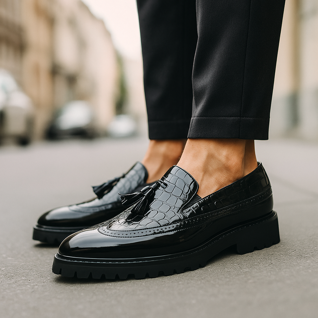 Chunky Tassel Loafer mit Krokodil-Prägung und Lackleder