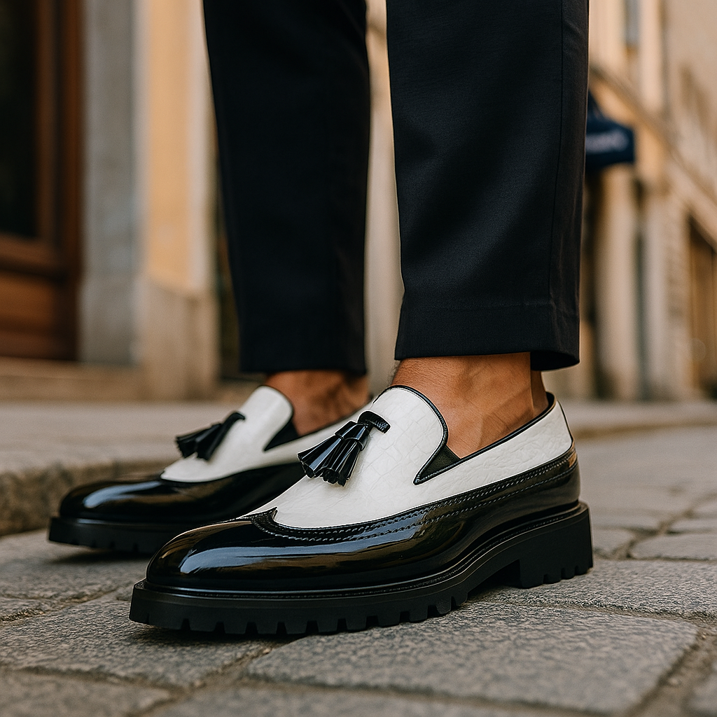 Chunky Tassel Loafer mit Krokodil-Prägung und Lackleder
