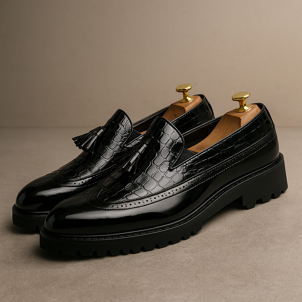 Chunky Tassel Loafer mit Krokodil-Prägung und Lackleder