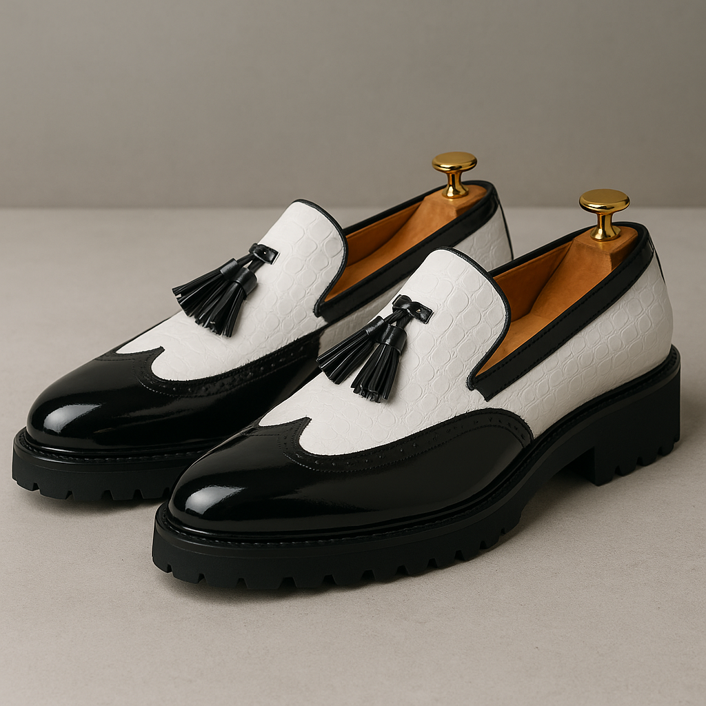 Chunky Tassel Loafer mit Krokodil-Prägung und Lackleder