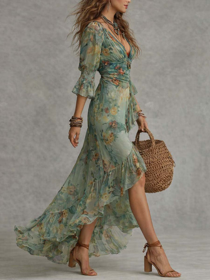 Boho-Maxikleid aus Chiffon in Salbeigrün mit Blumenmuster