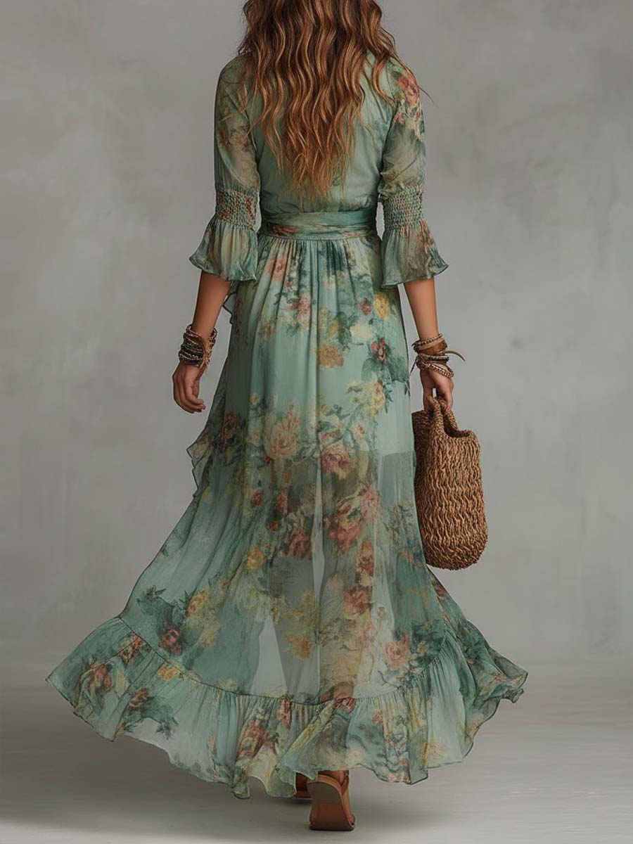 Boho-Maxikleid aus Chiffon in Salbeigrün mit Blumenmuster