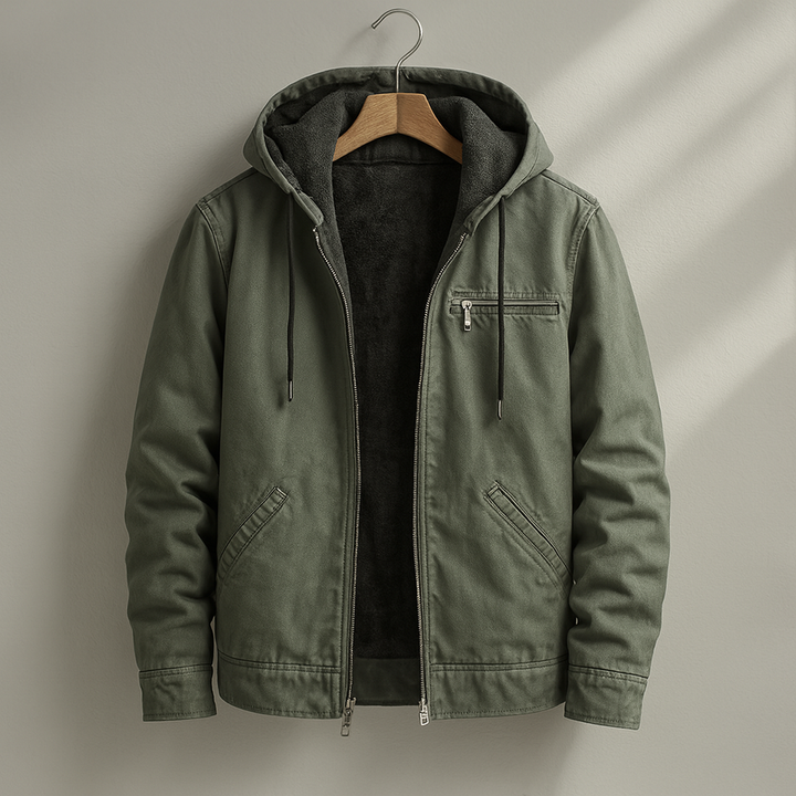 Dunkelblaue Kapuzenjacke mit Brusttasche