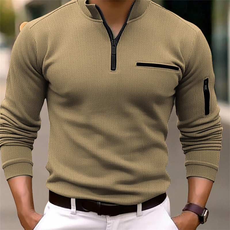 Gerippter Half-Zip Pullover mit Kontrast-Details in Grau