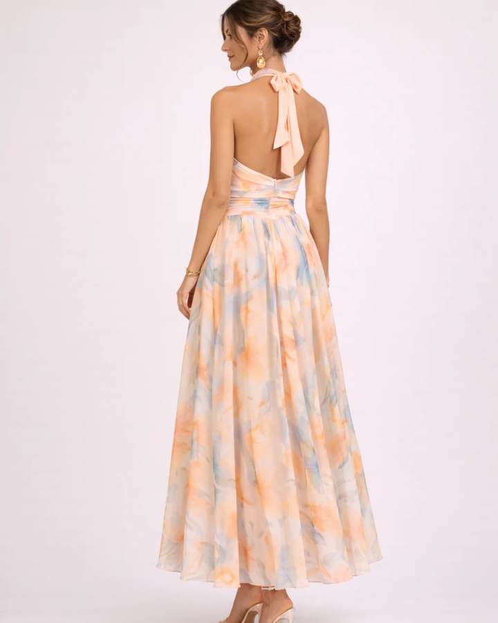 Elegantes Maxikleid mit Halfter-Ausschnitt und Print in Orange/Blau
