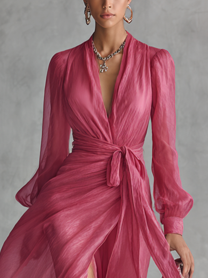 Elegantes Maxikleid in Wickeloptik Fuchsia
