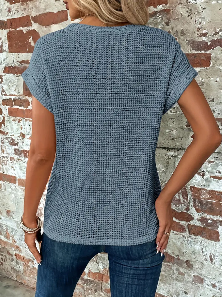 Blaues Waffelstrick-Damen-Shirt mit Knotendetail