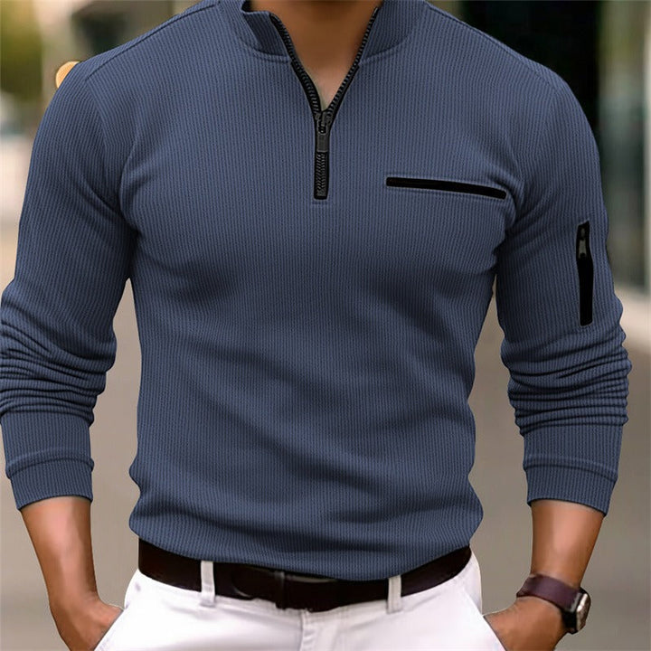 Gerippter Half-Zip Pullover mit Kontrast-Details in Grau