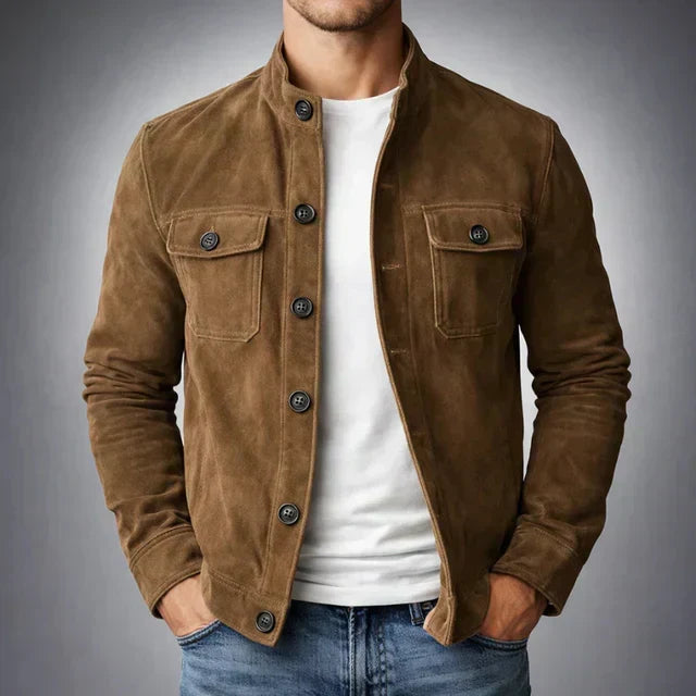 Olivgrüne Hemdjacke in Veloursleder-Optik mit Stehkragen