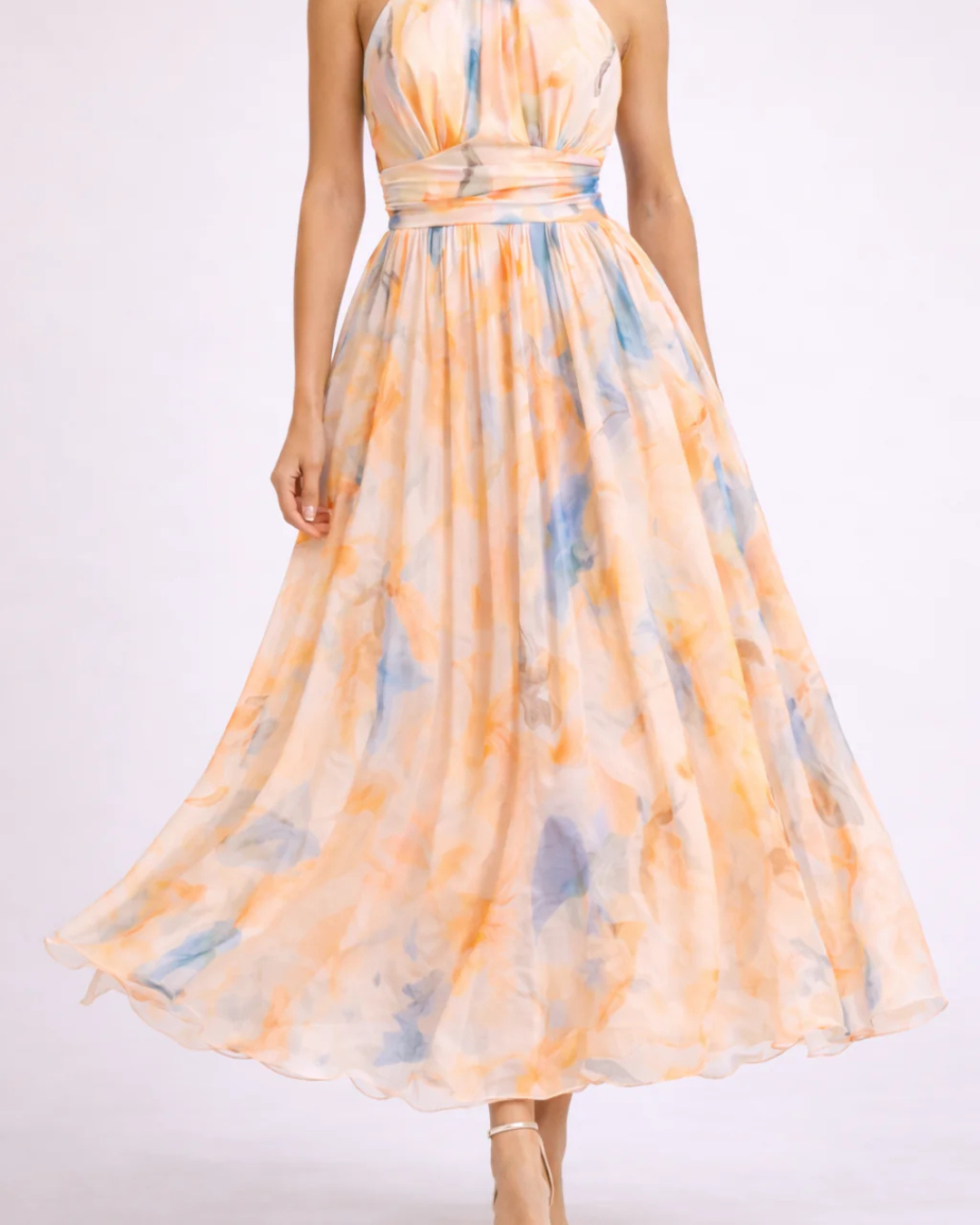 Elegantes Maxikleid mit Halfter-Ausschnitt und Print in Orange/Blau