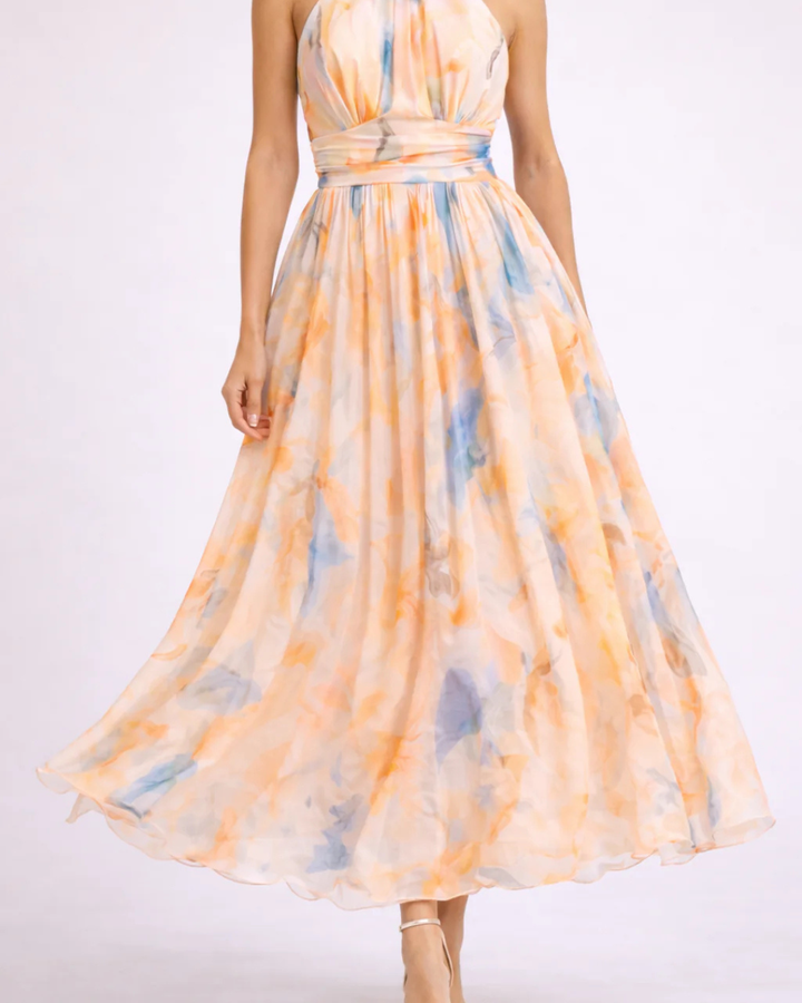 Elegantes Maxikleid mit Halfter-Ausschnitt und Print in Orange/Blau