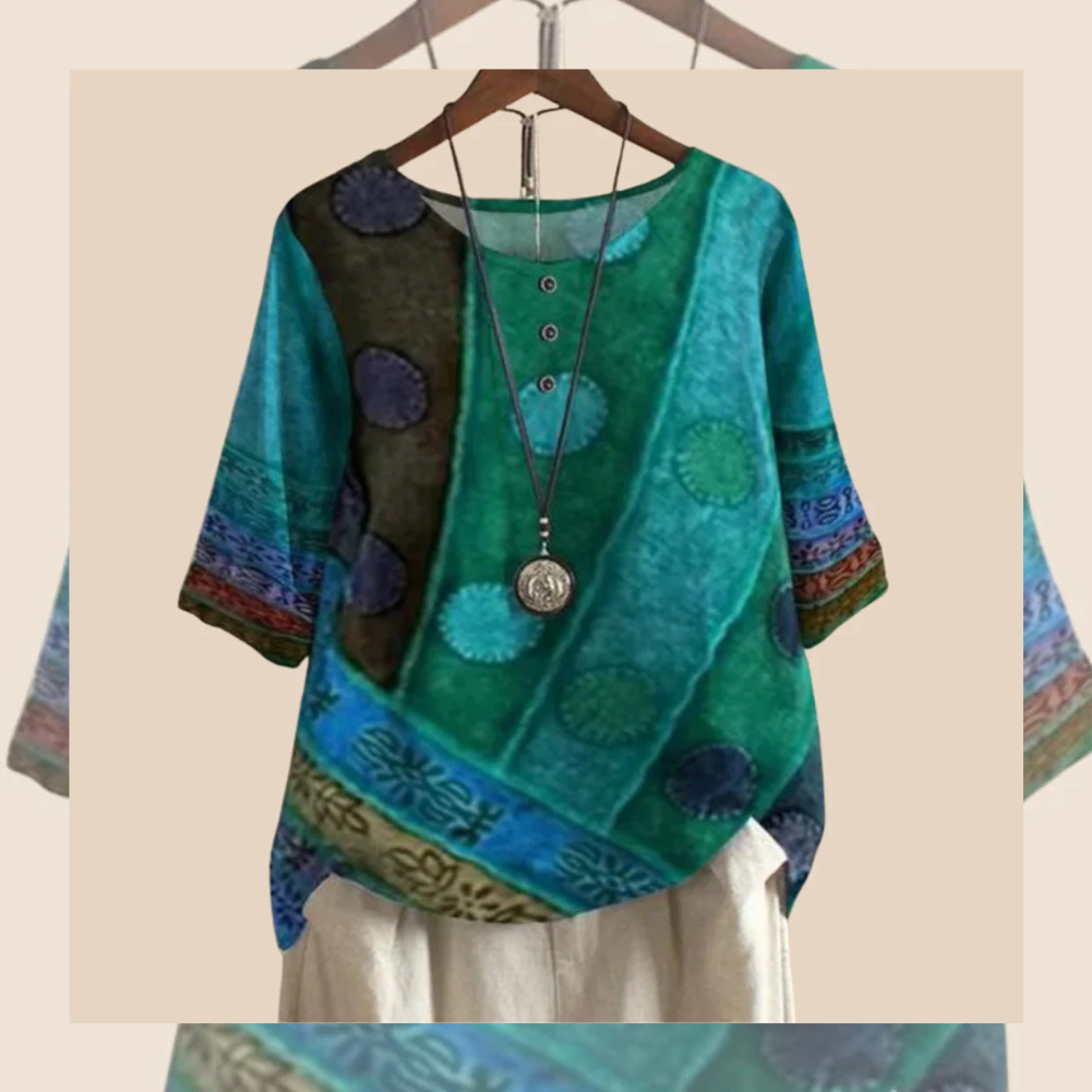 Grünes Damen-Kurzarmshirt mit geometrischem Print