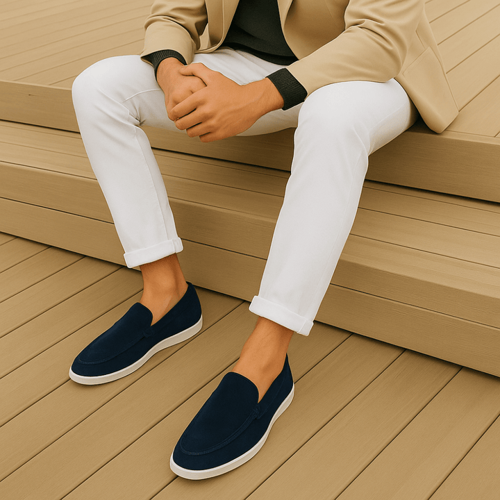 Schwarzer Veloursleder-Loafer mit heller Sohle