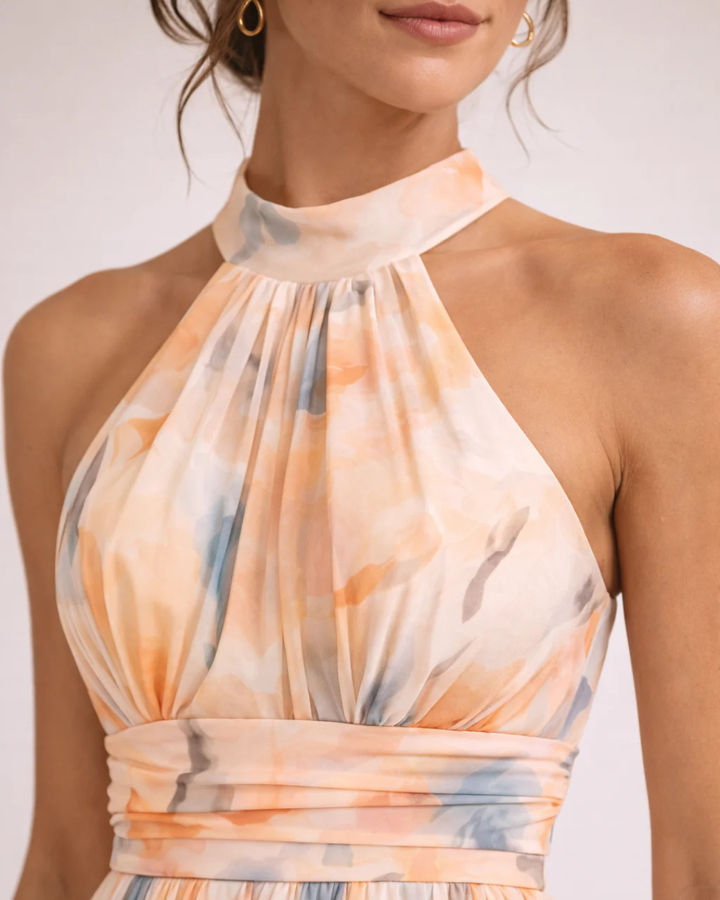 Elegantes Maxikleid mit Halfter-Ausschnitt und Print in Orange/Blau