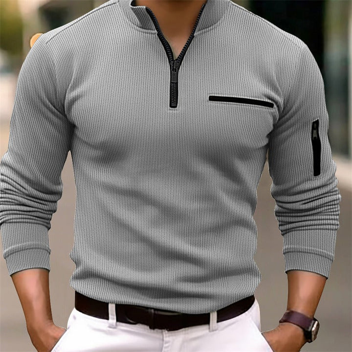 Gerippter Half-Zip Pullover mit Kontrast-Details in Grau