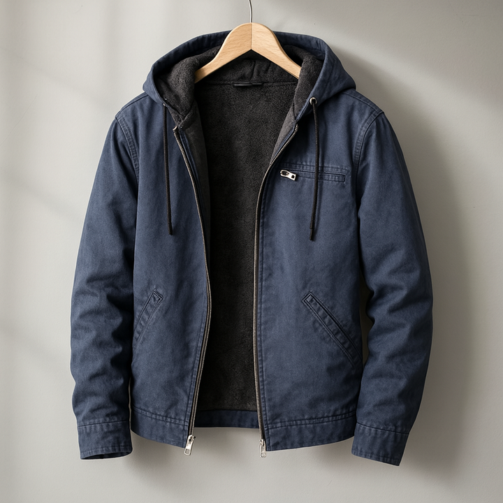 Dunkelblaue Kapuzenjacke mit Brusttasche
