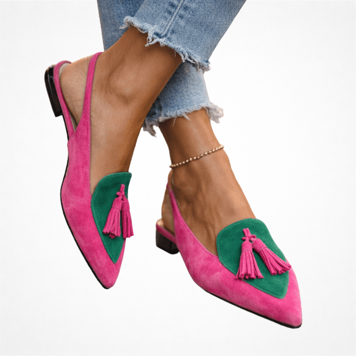 Zweifarbige Slingback-Loafer mit Quasten in Pink und Grün