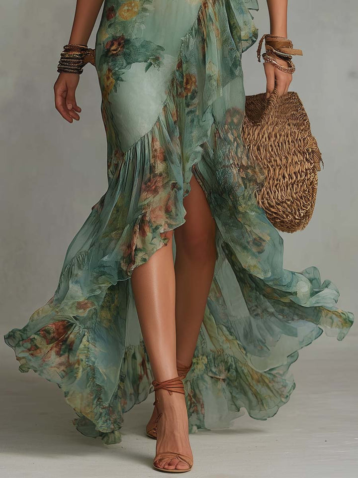 Boho-Maxikleid aus Chiffon in Salbeigrün mit Blumenmuster