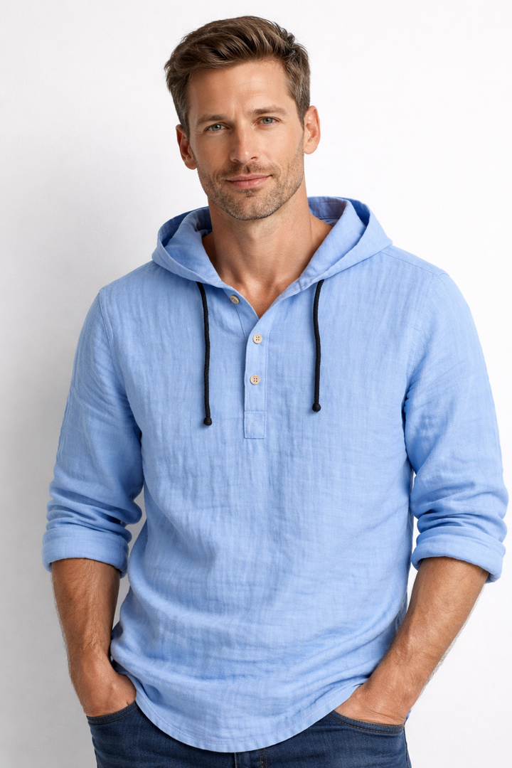 Schwarzes Kapuzenhemd mit Henley-Knopfleiste