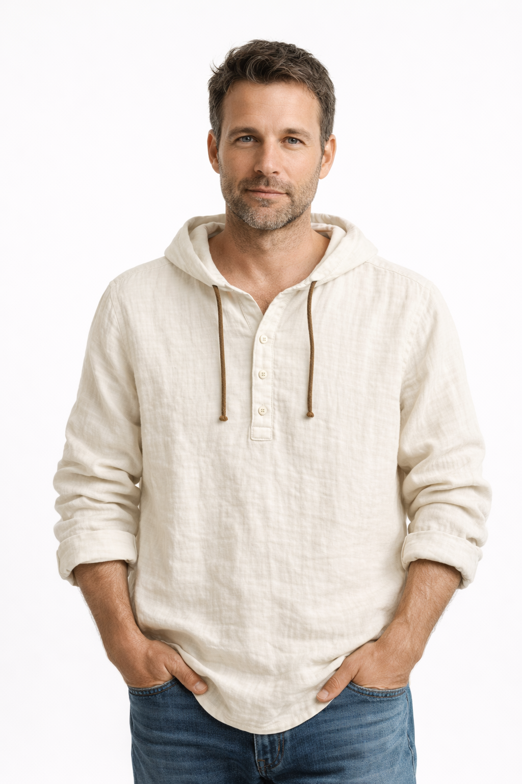 Schwarzes Kapuzenhemd mit Henley-Knopfleiste