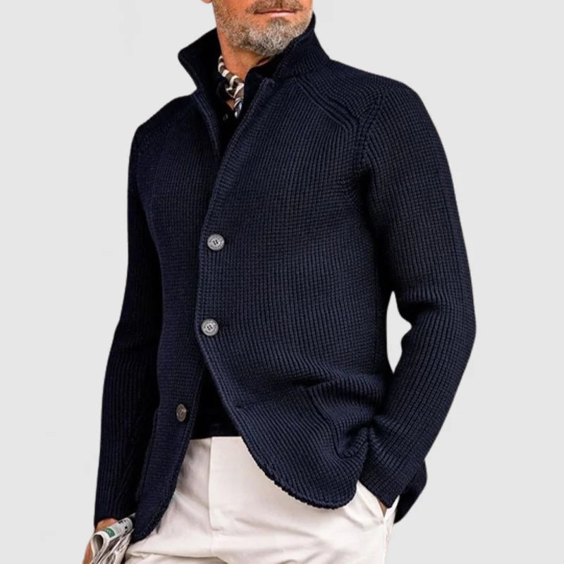Marineblauer Strick-Blazer mit Stehkragen
