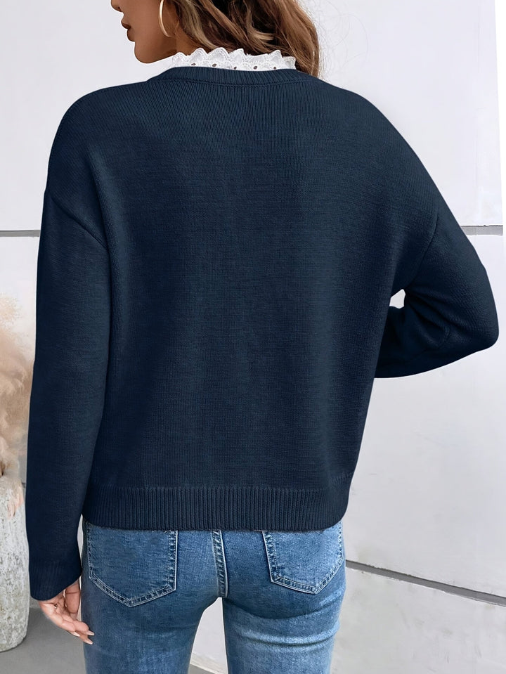 Marineblauer Damen-Strickpullover mit Spitzen-V-Ausschnitt