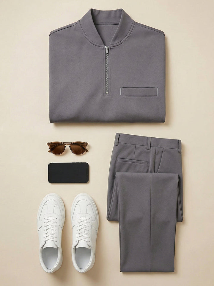 Minimalistisches Quarter-Zip Zweiteiler-Set in Schwarz
