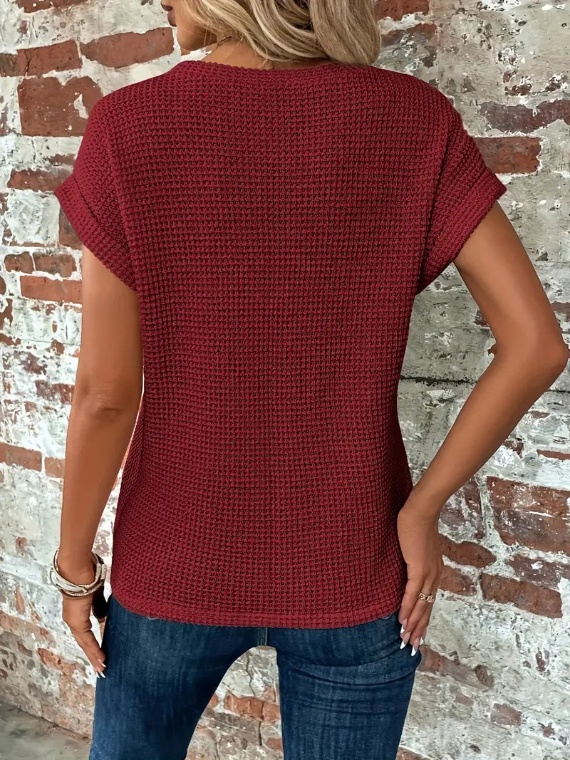 Blaues Waffelstrick-Damen-Shirt mit Knotendetail