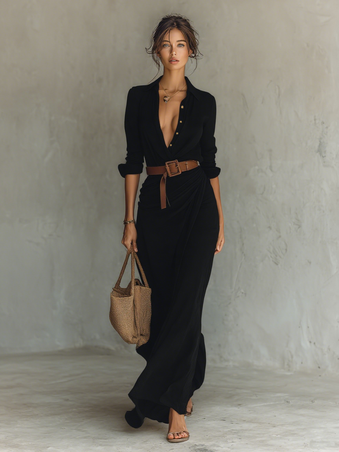 Elegantes Maxikleid im Hemdblusen-Stil in Beige