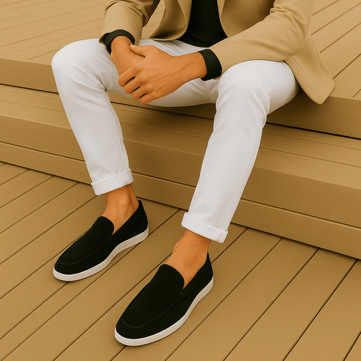 Schwarzer Veloursleder-Loafer mit heller Sohle