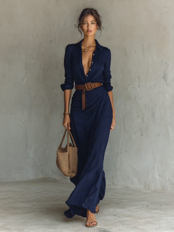Elegantes Maxikleid im Hemdblusen-Stil in Beige