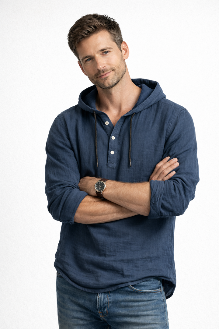 Schwarzes Kapuzenhemd mit Henley-Knopfleiste