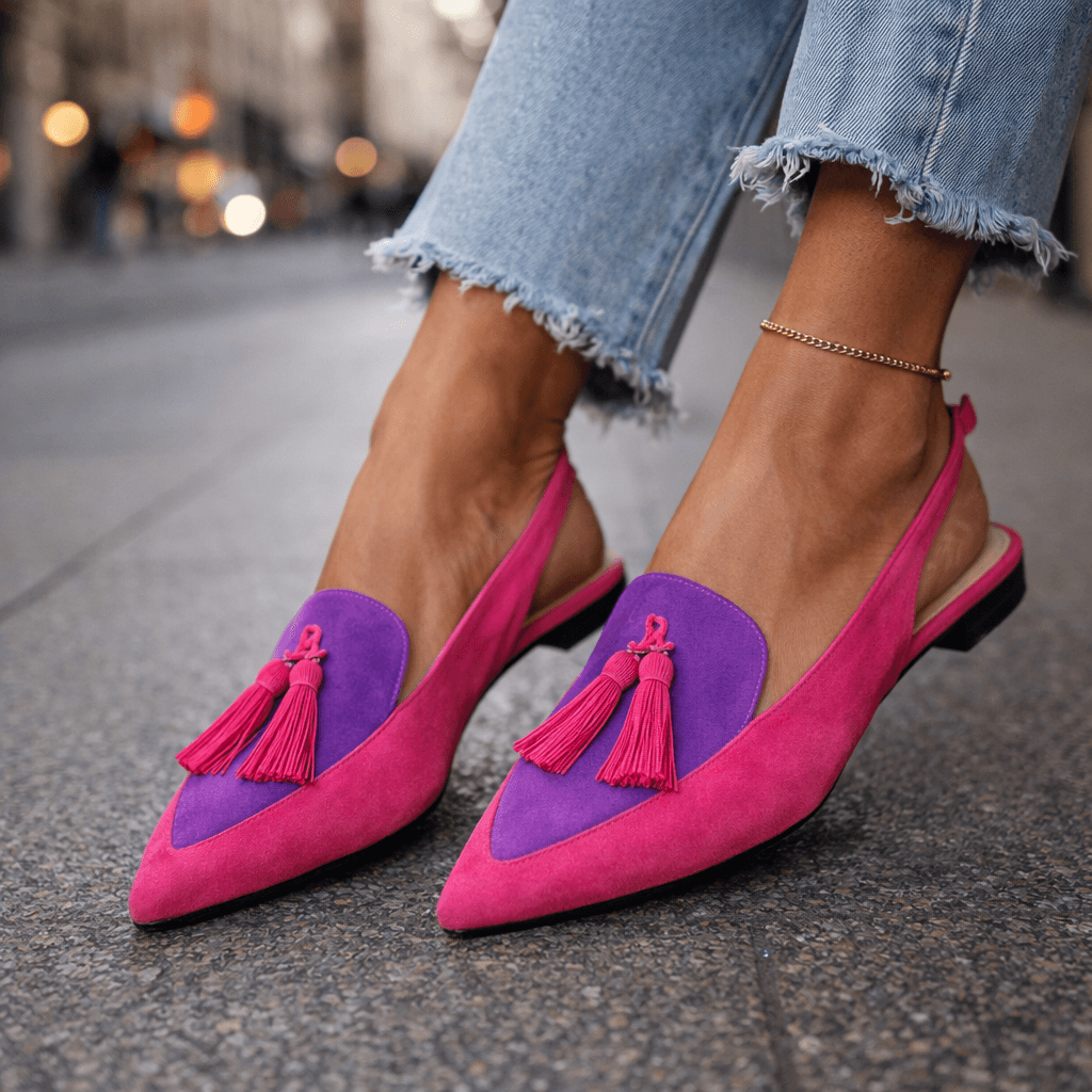 Zweifarbige Slingback-Loafer mit Quasten in Pink und Grün