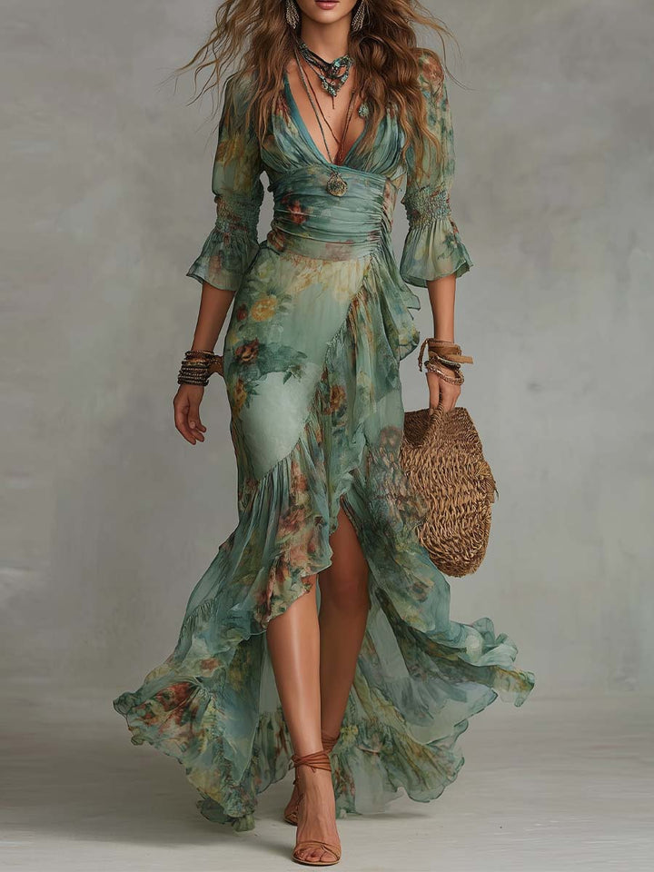 Boho-Maxikleid aus Chiffon in Salbeigrün mit Blumenmuster