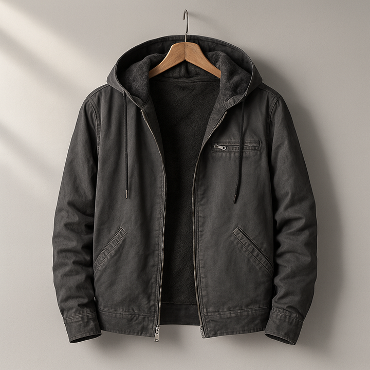Dunkelblaue Kapuzenjacke mit Brusttasche
