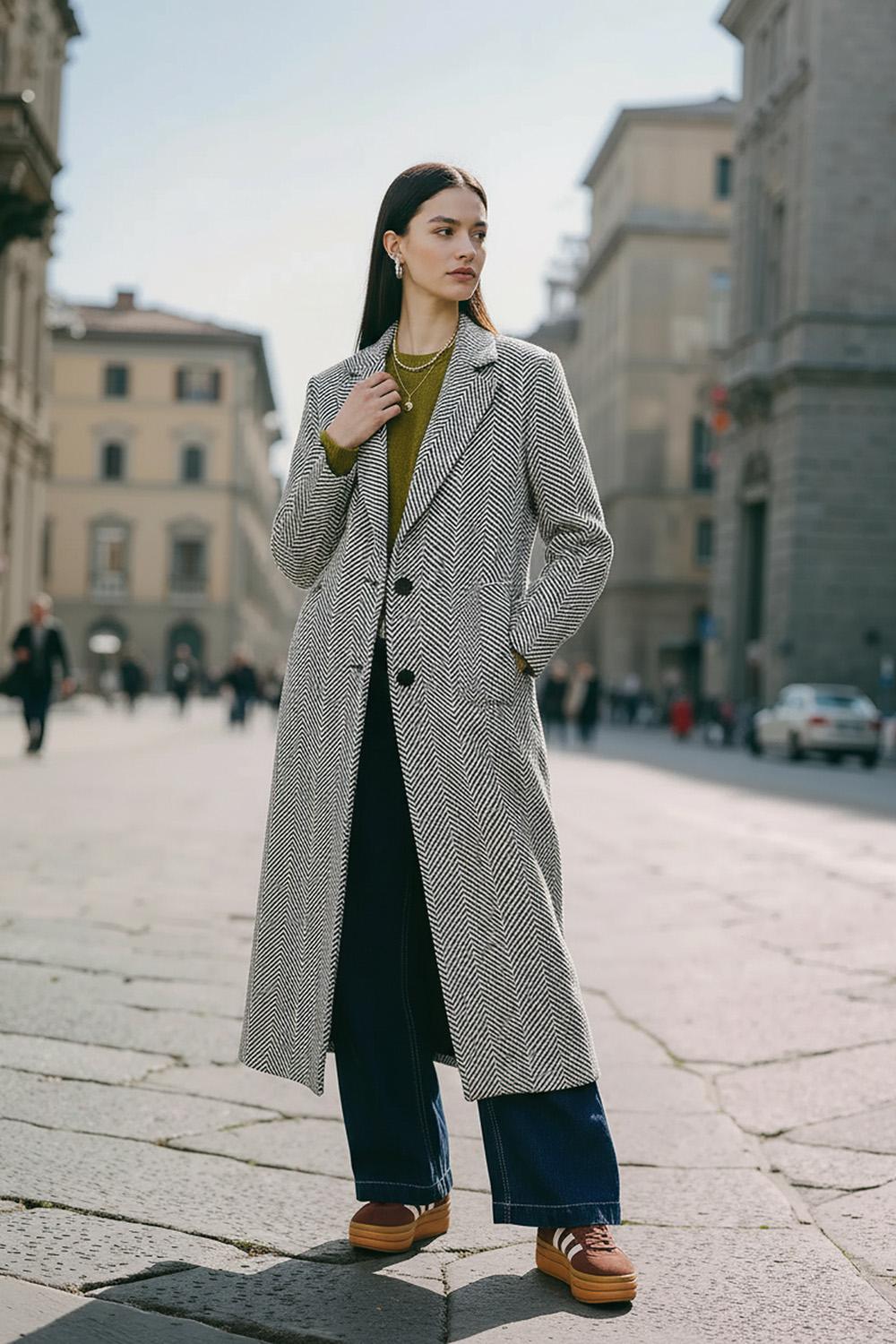 Klassischer Oversize-Fischgratmantel für Damen