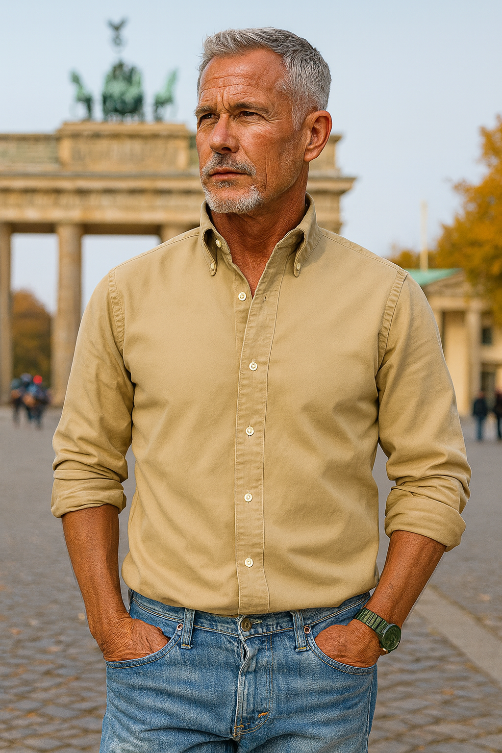 Beige Langarm-Hemd mit Button-Down-Kragen